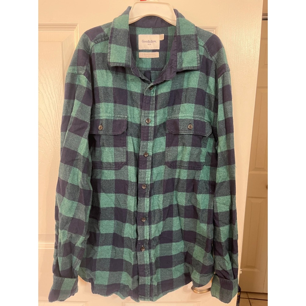 Goodfellow & Co Mens Green Navy Buffalo Plaid Flannel Button Down Shirt Large